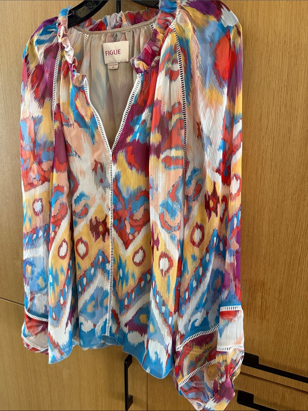 Figue Luz Silk Blouse V Neck Watercolor Colorful Print Womens size XLarge - Picture 7 of 16